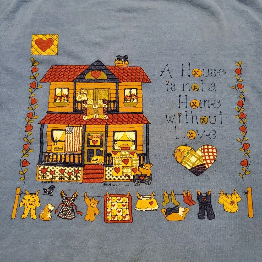 Vintage Cottagecore Shirt Adult XL Blue House is not a Home‎ Without Love 90s